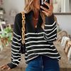 Stripe knitted Casual Women Sweater Long Sleeve Women's Jumper 2021 Autumn Winter Patchwork Knitted Sweaters Zip V-Neck Pullover