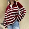 Stripe knitted Casual Women Sweater Long Sleeve Women's Jumper 2021 Autumn Winter Patchwork Knitted Sweaters Zip V-Neck Pullover