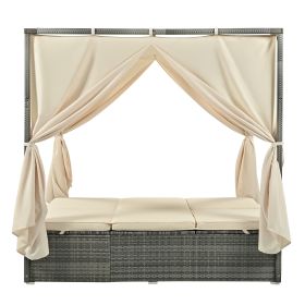 Adjustable Sun Bed With Curtain; High Comfort; With 3 Colors (Color: Beige)