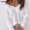 Solid V-neck Women's Sweater Drop Shoulder Long Sleeve knitting Sweaters Woman 2021 Autumn Winter Loose Fashion Pullover