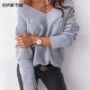 Solid V-neck Women's Sweater Drop Shoulder Long Sleeve knitting Sweaters Woman 2021 Autumn Winter Loose Fashion Pullover