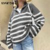 Stripe knitted Casual Women Sweater Long Sleeve Women's Jumper 2021 Autumn Winter Patchwork Knitted Sweaters Zip V-Neck Pullover