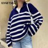 Stripe knitted Casual Women Sweater Long Sleeve Women's Jumper 2021 Autumn Winter Patchwork Knitted Sweaters Zip V-Neck Pullover